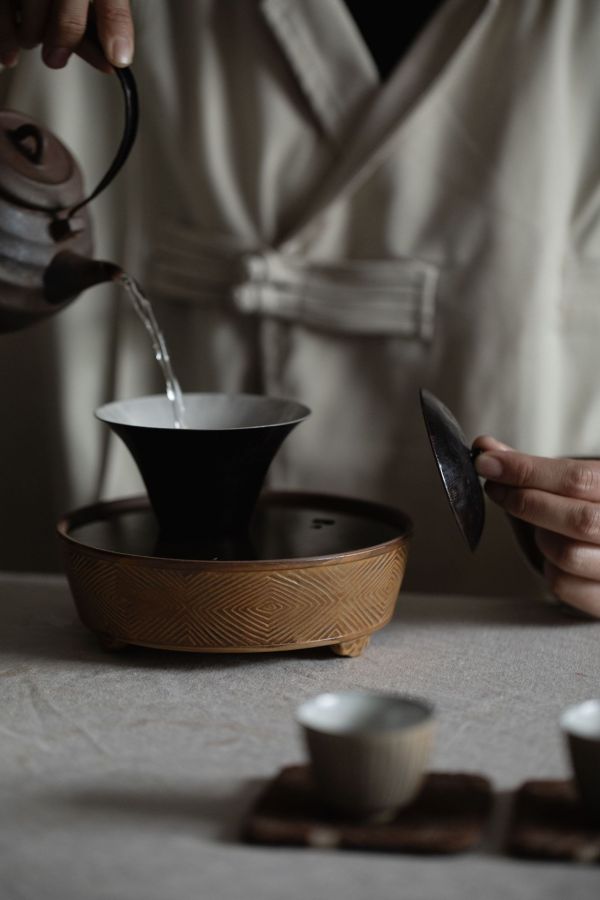 手工復古做舊銅蓋漢宮蓄水壺承｜二色 梵汝 景德镇日式复古耿萧干泡盘茶承家用功夫茶具壶承干泡台配件