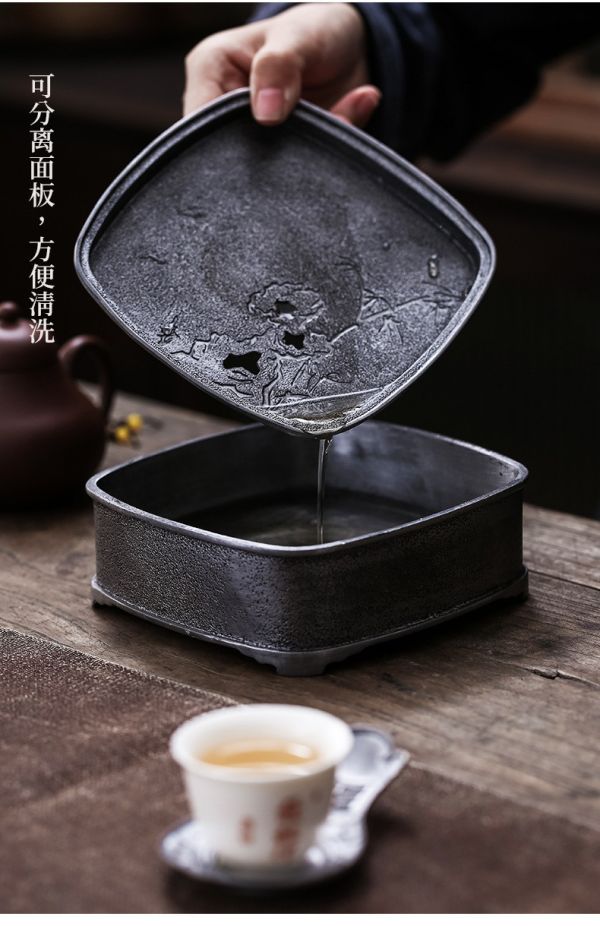 古錫工夫茶蓄水乾泡台壺承｜方形 日式鐵藝,工夫茶,功夫茶,壺承,純錫老壺承,茶道配件,茶席擺件