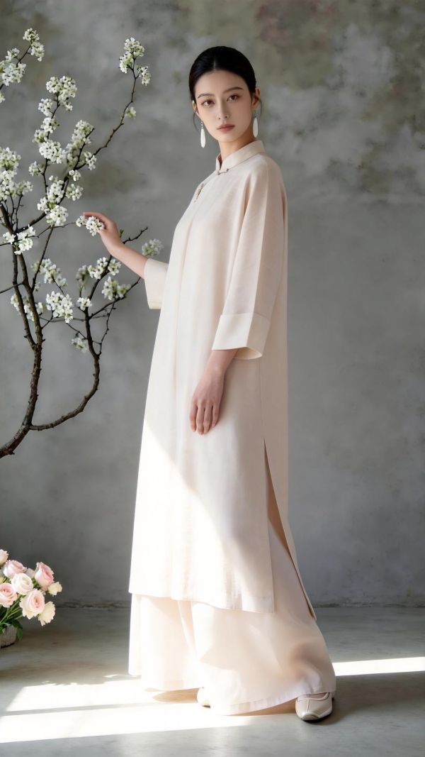 茶杏新中式斜襟長袍寬褲茶禪套裝 9259茶杏新中式两件套2026新款春装国风禅意茶服宽松斜襟立领长衫