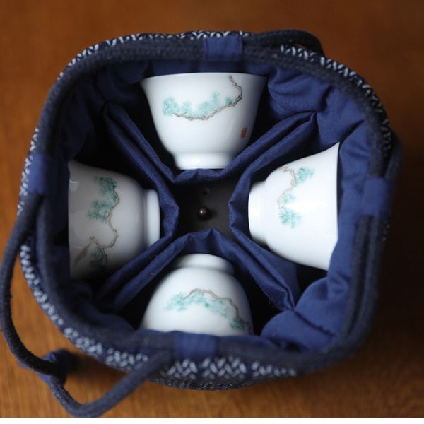 加厚旅用茶具壺杯收納布包｜藏藍人字紋（3規格） 加厚旅用茶具茶壺茶杯杯收納布包