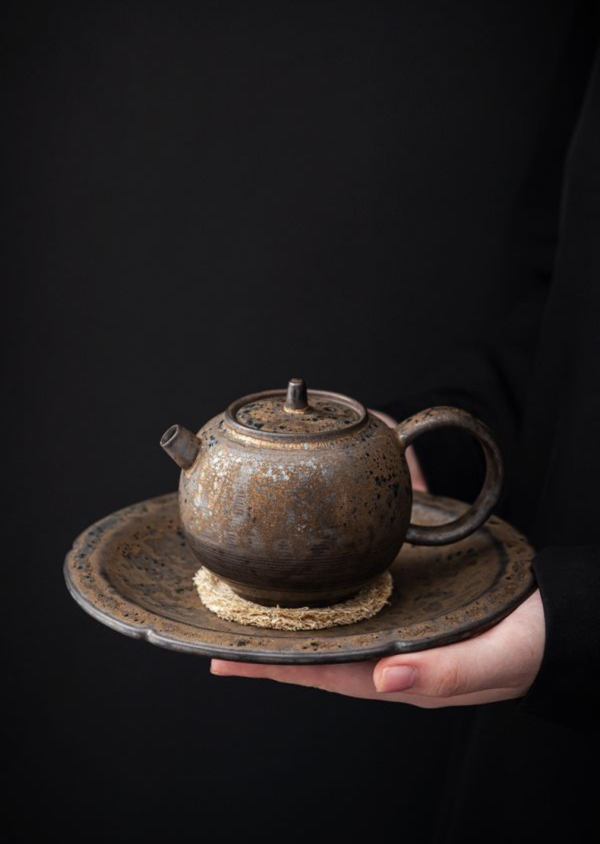 中式粗陶仿古鑄器鎏金壺承 中式粗陶壶承茶承家用养壶托茶壶垫子功夫茶具配件陶瓷盘子小茶台