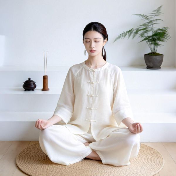 春夏秋杏白圓領盤釦長袍寬褲茶禪套裝 9257云栖茶语新中式圆领禅意套装春秋新款盘扣宽松打坐琴艺练功服