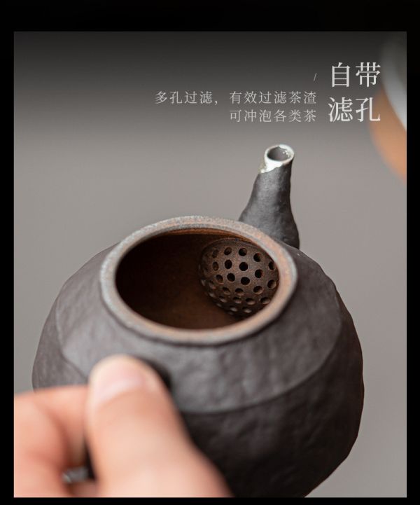 老岩泥手工鎏銀球型濾網茶壺 