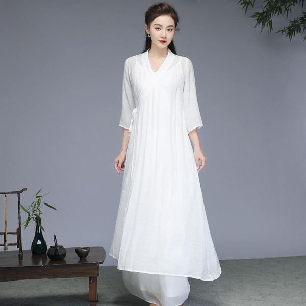 棉麻文藝長茶禪套裝（長袍/背心/寬褲） 中国风禅意女装棉麻茶服禅修服禅舞服装复古汉服连衣裙两件套批发