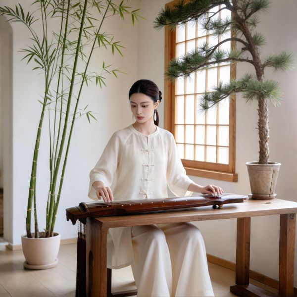 春夏秋杏白圓領盤釦長袍寬褲茶禪套裝 9257云栖茶语新中式圆领禅意套装春秋新款盘扣宽松打坐琴艺练功服