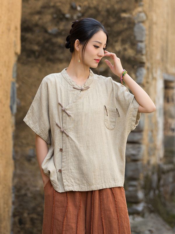 夏棉麻手工縫線斜襟新中式盤扣開衫｜三色 夏棉麻女装新品中式改良自制开衫天丝苎麻修身显瘦女式短袖衬衫