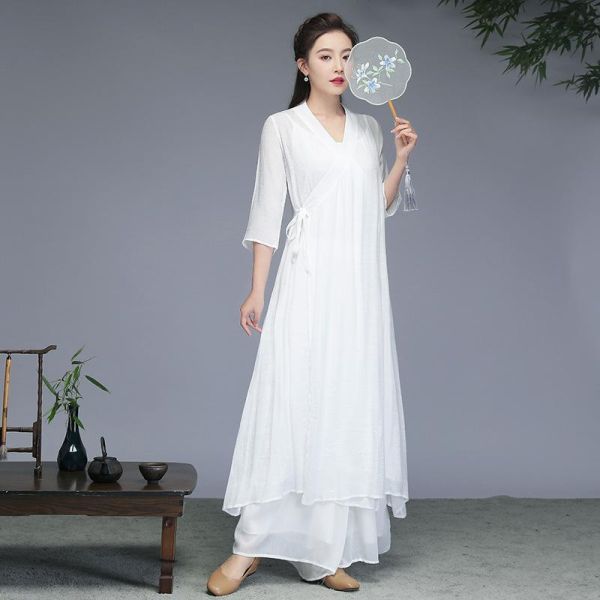 棉麻文藝長茶禪套裝（長袍/背心/寬褲） 中国风禅意女装棉麻茶服禅修服禅舞服装复古汉服连衣裙两件套批发