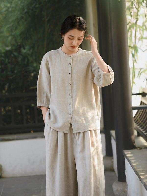 夏季亞麻七分袖新中式寬鬆襯衫 鹿与安笛女装新款汉麻短袖上衣女夏新中式复古国风设计感收腰t恤