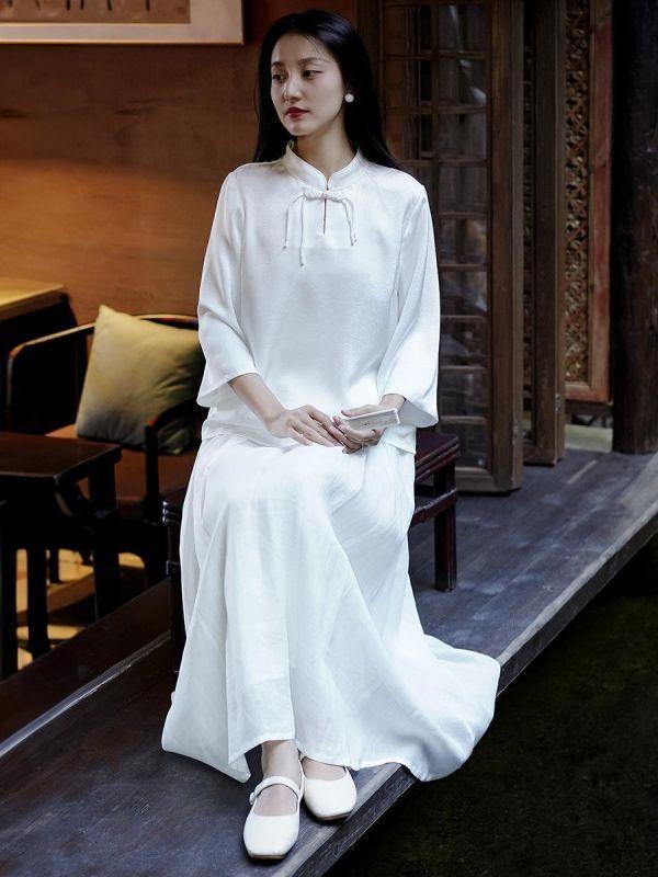 春夏新中式上盤釦垂感茶禪衣｜兩色 复古女装2025春季新款新中式上衣女中国风盘扣茶服垂感气质T恤