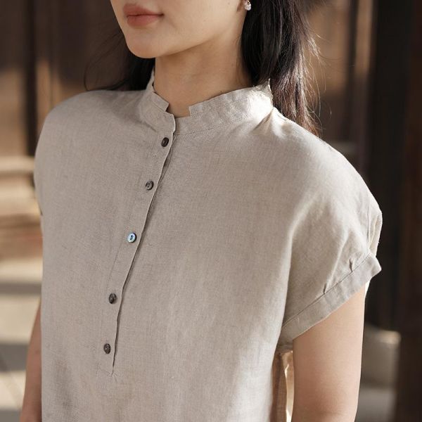 亞麻短袖寬鬆立領復古上衣｜兩色 鹿与安笛女装新款汉麻短袖上衣女夏新中式复古国风设计感收腰t恤