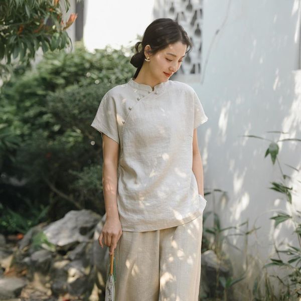 春夏漢麻短袖上衣女夏新中式復古｜兩色 鹿与安笛女装新款汉麻短袖上衣女夏新中式复古国风设计感收腰t恤