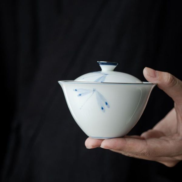 手繪青花陶瓷蓋碗｜蜻蜓 青己 玉瓷手绘青花陶瓷盖碗 手绘蜻蜓吻釉下彩文人器家用泡茶碗