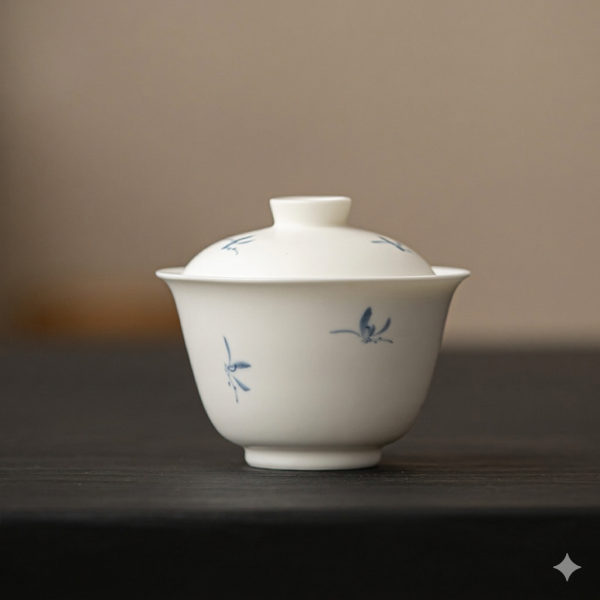啞光白手繪蘭花三才碗蓋碗02 墨己 哑光白手绘秋水兰花陶瓷盖碗 两才文人泡茶公杯茶具家用茶碗