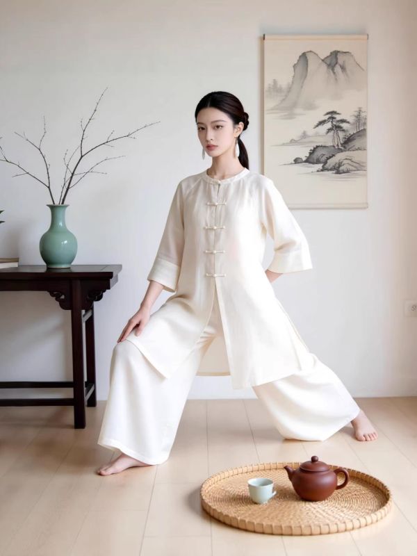 春夏秋杏白圓領盤釦長袍寬褲茶禪套裝 9257云栖茶语新中式圆领禅意套装春秋新款盘扣宽松打坐琴艺练功服