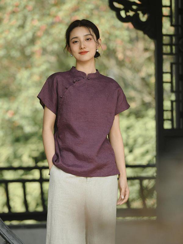 春夏漢麻短袖上衣女夏新中式復古｜兩色 鹿与安笛女装新款汉麻短袖上衣女夏新中式复古国风设计感收腰t恤