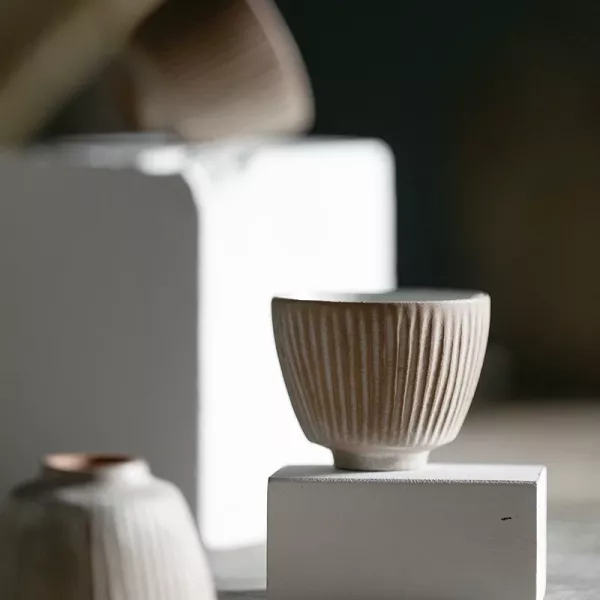 手工侘寂風條紋粉引品茗杯｜四色 入间条纹茶杯功夫茶具日本陶艺手作品茗杯