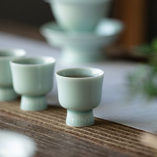 湖田窯仿宋影青瓷小高足杯品茗杯｜影青/岩灰 品茗杯,酒杯
