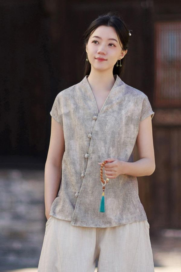 春夏V领無袖苎麻渲染新中式開衫｜三色 26夏女新款V领无袖衬衫苎麻渲染新中式汉服改良上衣个性百搭开衫