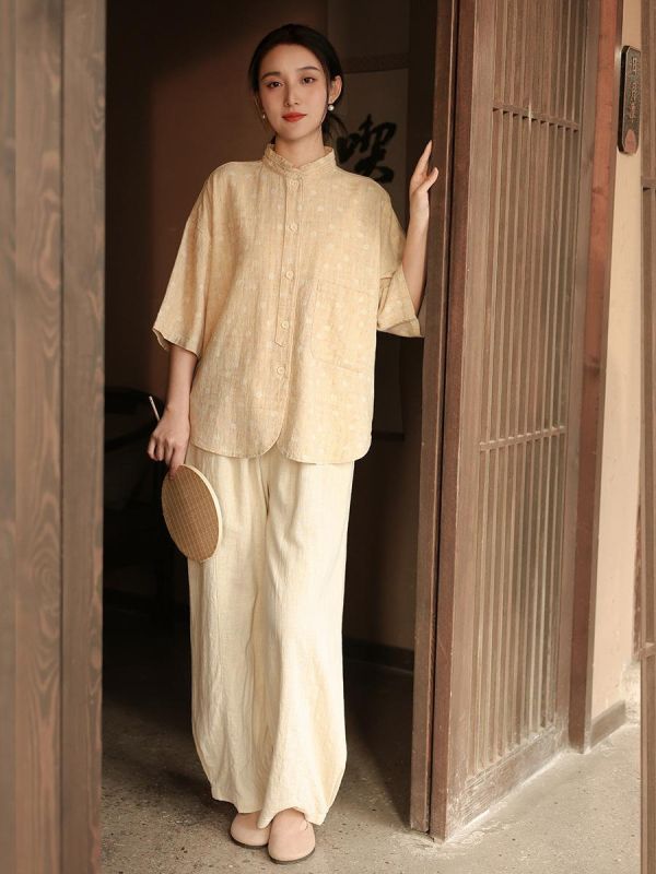 春季棉麻印花七分袖新中式襯衫｜兩色 春季新款棉麻女装衬衫苎麻印花七分袖高级感新中式衬衣女