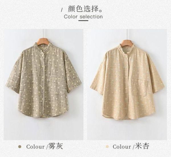 春季棉麻印花七分袖新中式襯衫｜兩色 春季新款棉麻女装衬衫苎麻印花七分袖高级感新中式衬衣女
