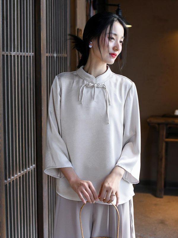 春夏新中式上盤釦垂感茶禪衣｜兩色 复古女装2025春季新款新中式上衣女中国风盘扣茶服垂感气质T恤