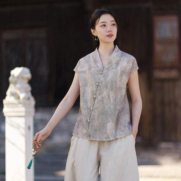 春夏V领無袖苎麻渲染新中式開衫｜三色 26夏女新款V领无袖衬衫苎麻渲染新中式汉服改良上衣个性百搭开衫