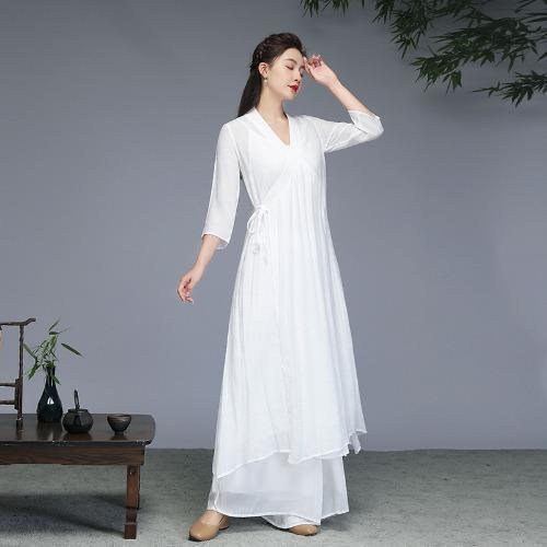 棉麻文藝長茶禪套裝（長袍/背心/寬褲） 中国风禅意女装棉麻茶服禅修服禅舞服装复古汉服连衣裙两件套批发