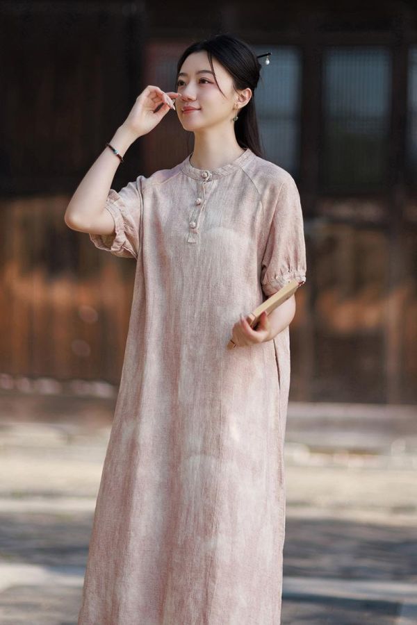 苎麻渲染顯瘦新中式泡泡袖連衣裙｜色 苎麻渲染气质显瘦新中式改良长裙茶歇法式泡泡袖长款连衣裙