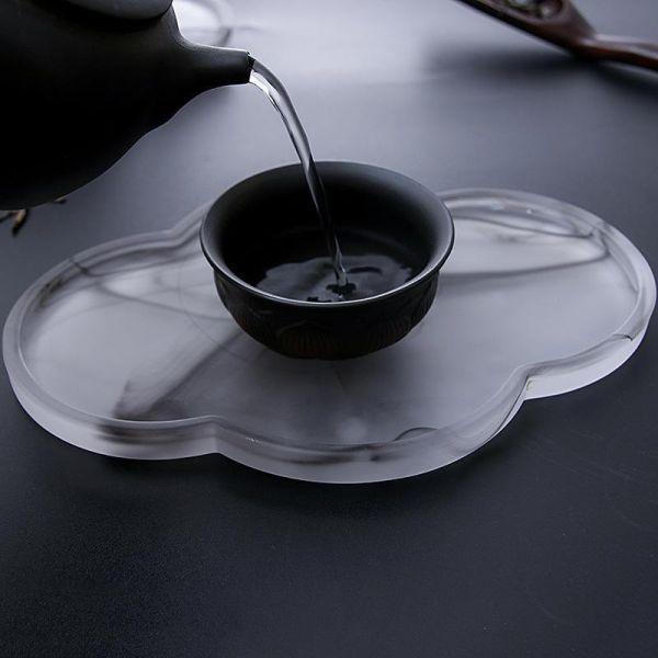 水墨玻璃磨砂乾泡台壺承 家用水墨壶承磨砂玻璃海棠干泡台粉色泼墨禅意托盘茶具配件小茶盘