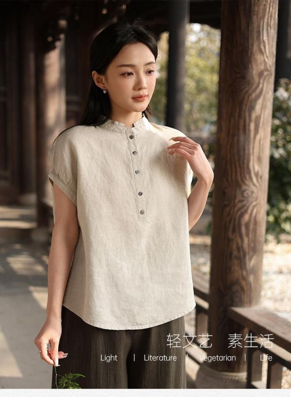 亞麻短袖寬鬆立領復古上衣｜兩色 鹿与安笛女装新款汉麻短袖上衣女夏新中式复古国风设计感收腰t恤