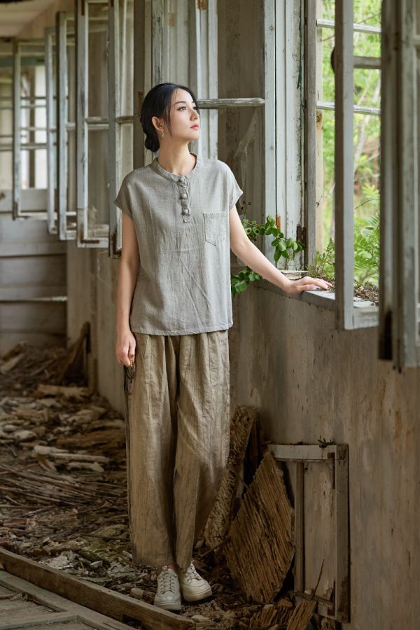 夏棉麻扎染新中式盤扣短袖T恤｜三色 25夏季棉麻女装新款亚麻扎染改良新中式盘扣文艺百搭女式短袖T恤