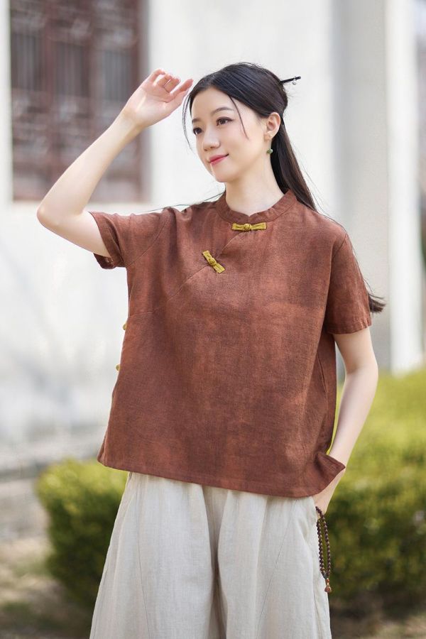 春夏棉麻渲染新中式改良盤釦禪意上衣｜三色 26夏季棉麻女装新款小衫苎麻渲染新中式改良斜襟盘扣T恤禅意上衣