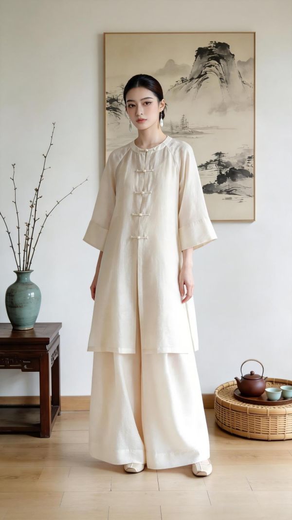 春夏秋杏白圓領盤釦長袍寬褲茶禪套裝 9257云栖茶语新中式圆领禅意套装春秋新款盘扣宽松打坐琴艺练功服