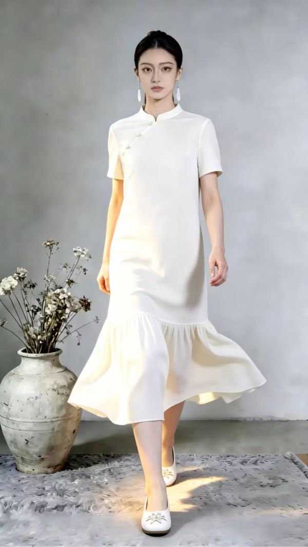 春夏温柔奶油色改良旗袍顯瘦連衣裙 9260春夏季新款温柔奶油色改良旗袍轻奢洋气通勤遮肉显瘦连衣裙