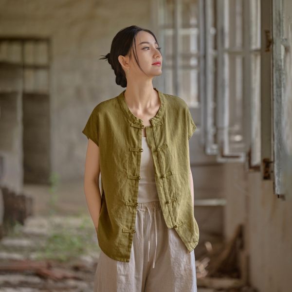 夏天丝苎麻開襟盤扣襯衫｜三色 夏棉麻女装新品中式改良自制开衫天丝苎麻修身显瘦女式短袖衬衫