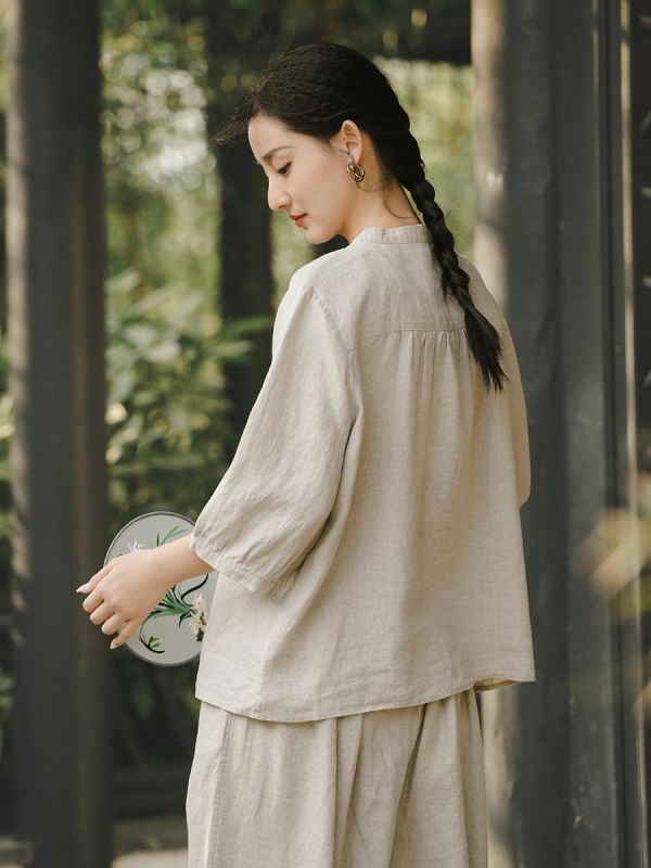 夏季亞麻七分袖新中式寬鬆襯衫 鹿与安笛女装新款汉麻短袖上衣女夏新中式复古国风设计感收腰t恤