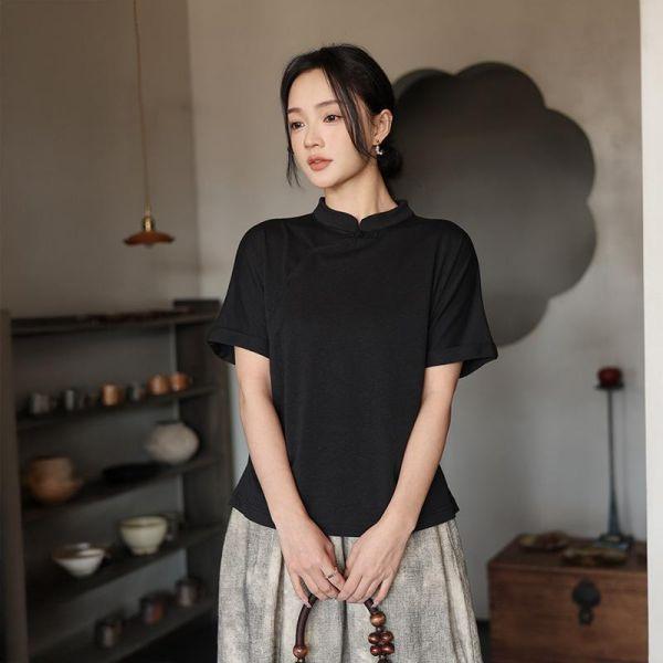 春夏短袖中國風斜開襟棉恤｜兩色 鹿与安笛夏季新款棉麻女装短袖t恤女新中式复古斜开襟中国风上衣