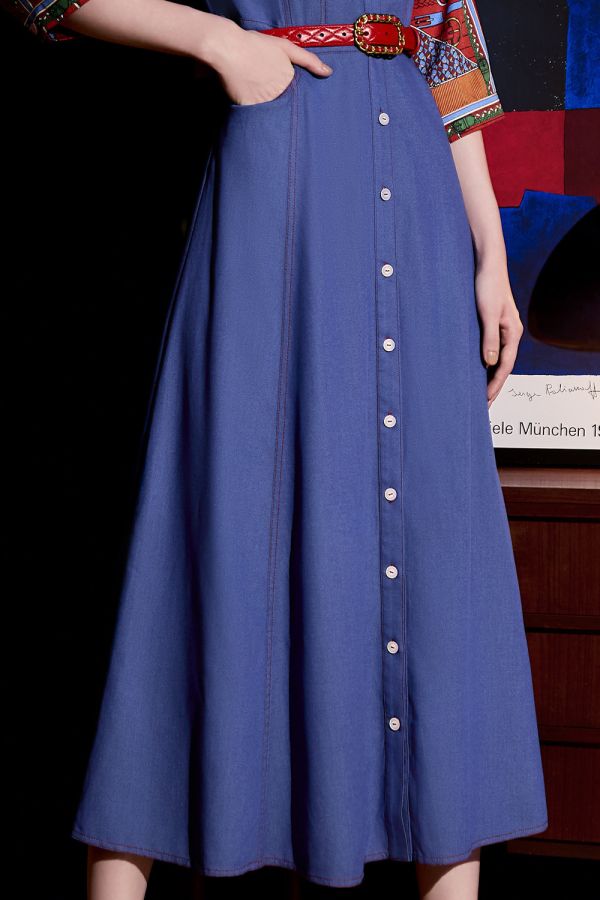 拼布印花牛仔洋裝 