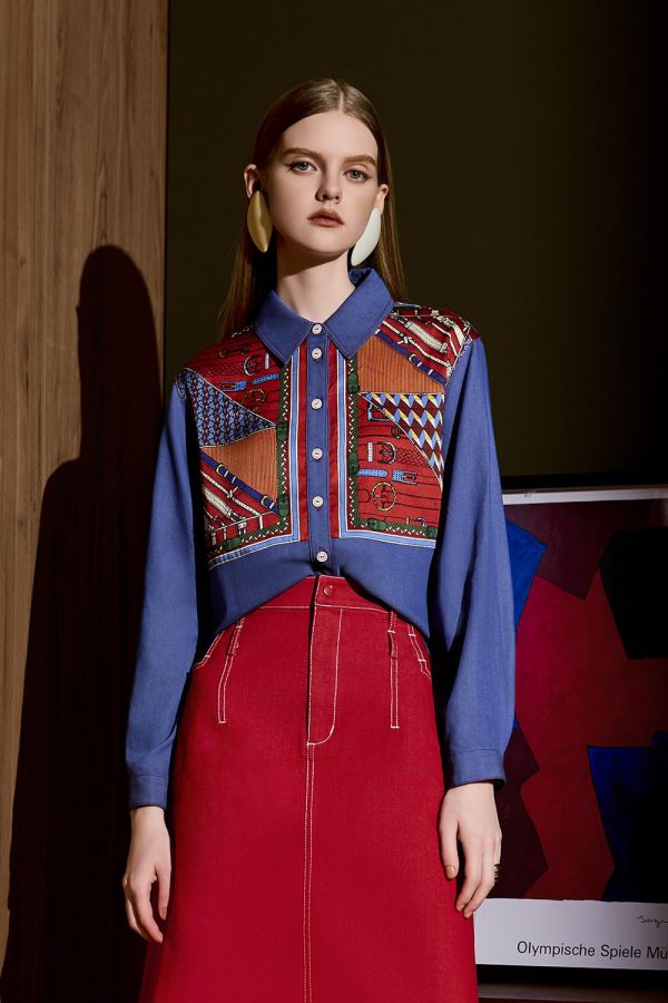 拼布印花牛仔襯衫 