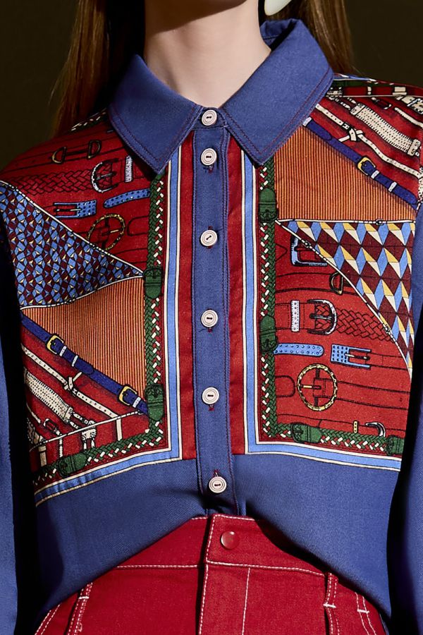 拼布印花牛仔襯衫 