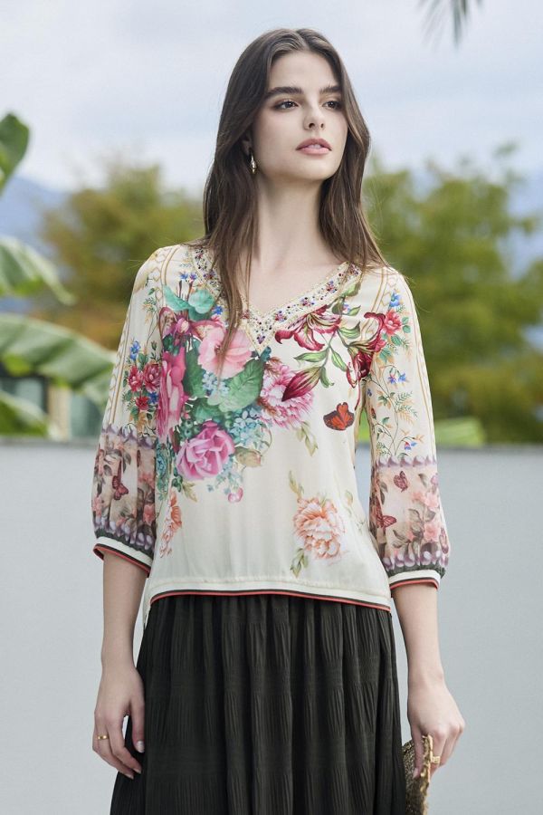 真絲印花V領上衣 