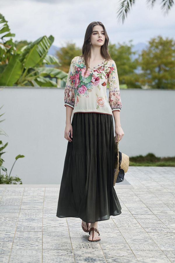 真絲印花V領上衣 