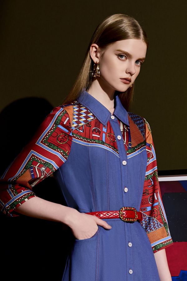 拼布印花牛仔洋裝 