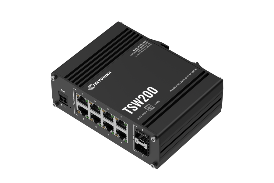 Teltonika TSW200 工業級 8 埠 Gigabit PoE+ 交換器 TSW200 台灣, Teltonika TSW200, 工業級 PoE 交換器, 8埠 PoE+ Switch, SFP 光纖工業交換器, 240W PoE 變壓器, 導軌式交換器 DIN-Rail, 戶外監控交換器, 英菲達科技