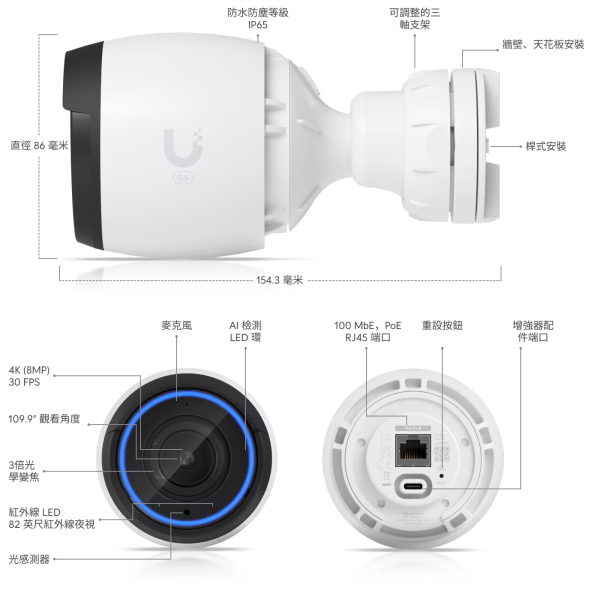 G5 Pro UniFi G5 Pro, UVC-G5-Pro 網路攝影機,4K PoE 攝影機,室內戶外監控,3倍光學變焦,紅外線夜視 25m,IP65 防水攝影機,IK04 防破壞,AI 事件偵測攝影機,PoE 網路攝影機,企業監控,家庭安防,商用監控系統,UniFi Protect 攝影機,穩定監控設備