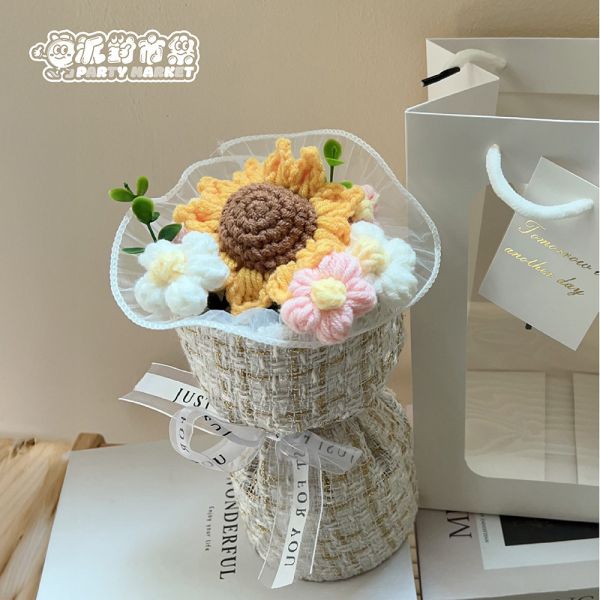 小香風向日葵編織花束（附提袋） 編織花束,毛線花朵,畢業花束,編織花,毛線花,針織花,鉤針花,畢業花束,向日葵花束,畢業禮物