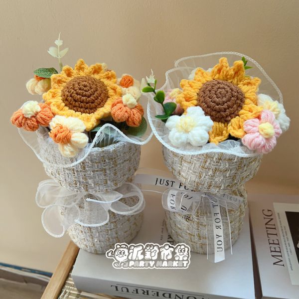 小香風向日葵編織花束（附提袋） 編織花束,毛線花朵,畢業花束,編織花,毛線花,針織花,鉤針花,畢業花束,向日葵花束,畢業禮物