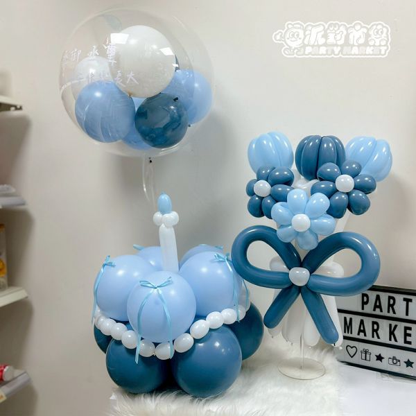 雪霽藍．緞帶韓式氣球花束組合 氣球花束,韓國氣球,韓式氣球,生日氣球,生日花束,氣球蛋糕帽,蛋糕帽,造型氣球,波波球,空飄氣球