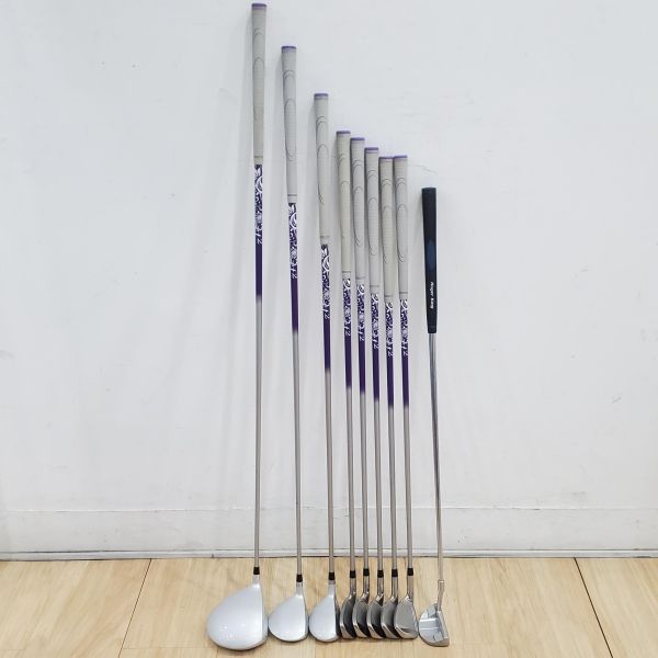 二手品 女生 女用Lynx Crystal Cat ef2 14°/19°26° 開球木桿/4號球道木桿/小雞腿+7-S(共5支)鐵桿組 搭配原廠 L桿身+Roger King RK-X02 33"推桿 搭配二手美品PRGR球袋 