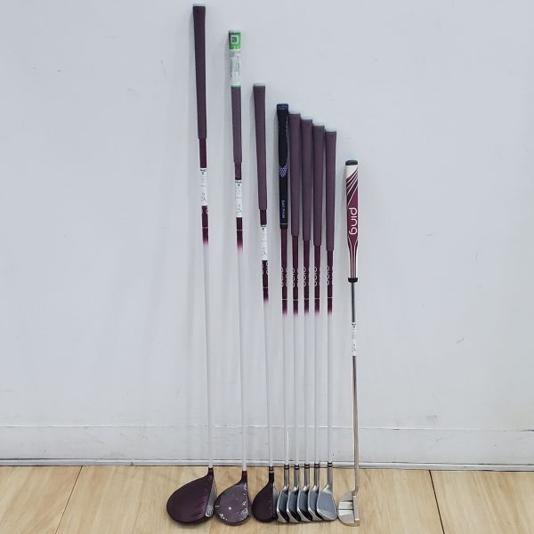 二手超美品 女生 女用PING GLe2 11.5°/19°/26° 開球木桿/3號球道木桿/5號小雞腿/7-S(共5支)鐵桿組 搭配ULT240 J 37/35/40/38 L桿身+SHEA 33"推桿 搭配二手超美品PING腳架式球袋 